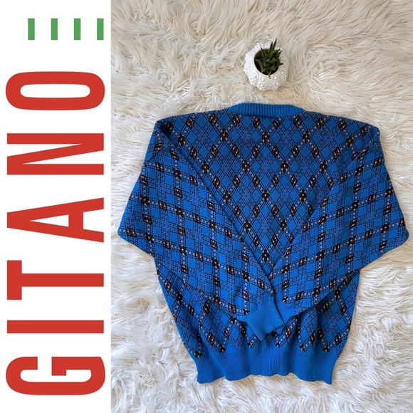 EUC vintage GITANO Sportswear 1990s cotton crewneck dad sweater, blue w/ pattern - Picture 10 of 14